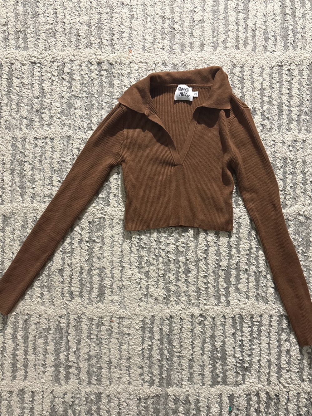 Princess Polly brown long sleeve cropped ribbed top shirt size S/M